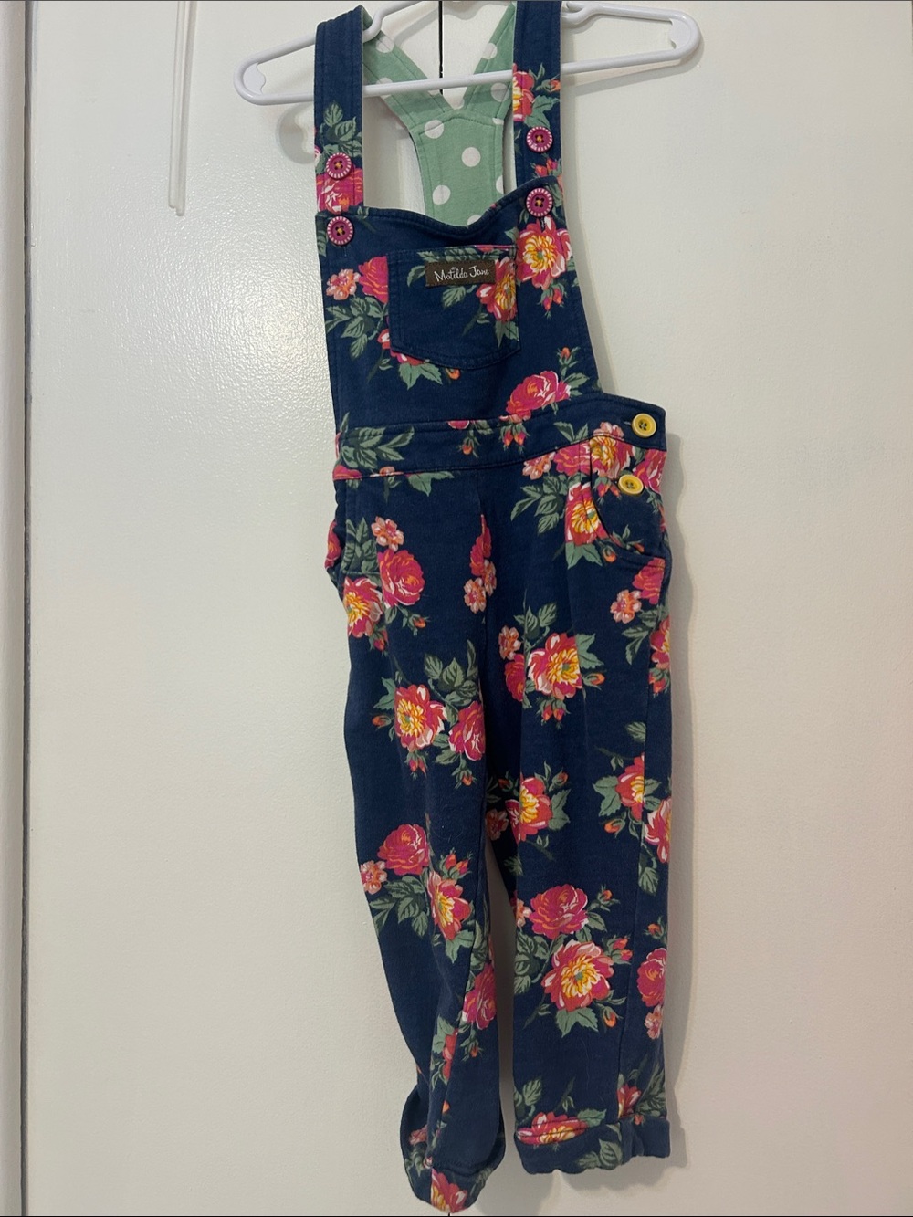 Matilda Jane Navy Floral Girls' Floral Overalls with Pink and Yellow Blooms